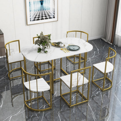 7-Piece Dining Table Set with 6Stools - Industrial Compact Kitchen Table & Chairs Sets, Space-Saving Design for Apartment, Small Space, Breakfast Nook