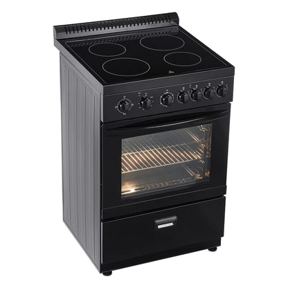 KFFKFF 24-inch Electric Range Oven, 2.7 Cu. Ft. Compact Freestanding Design, Stainless Steel Finish, Features 4 Burners, Adjustable Racks, Storage Drawer, Drip Pan, and Indicator Light, Black
