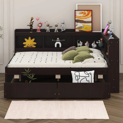 BEBPILOO Twin Size L-Shaped Bookcase Bed with Electrical Outlet, USB Charging Port, Two Drawers, Gray