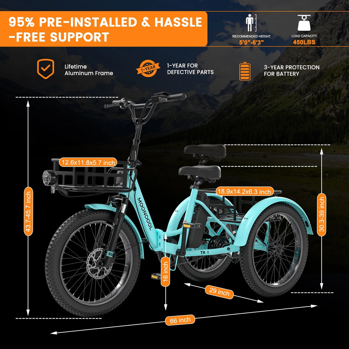 MOONCOOL TK1 Folding Electric Tricycle for Adults,48V 14.5Ah Removable battery, 500W（Peak 1000w）Motor, 20" Fat Tire Step-Thru 3Wheel Electric Bicycle w/Front&Rear Baskets, Certified to UL 2849 by SGS