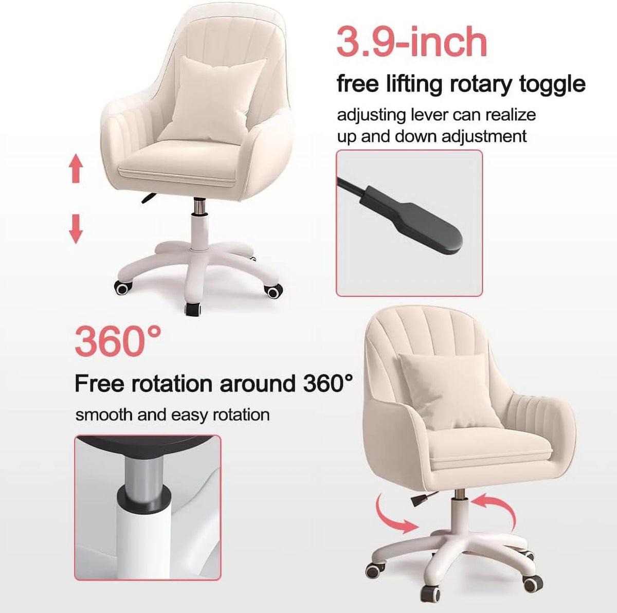 Home Office Chair Computer Chair with Mid-Back Upholstered Modern Tufted Computer Task Chair Swivel Height Adjustable Velvet Accent Chair. White
