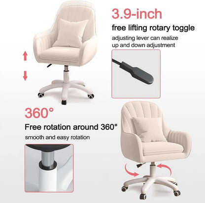 Home Office Chair Computer Chair with Mid-Back Upholstered Modern Tufted Computer Task Chair Swivel Height Adjustable Velvet Accent Chair. White