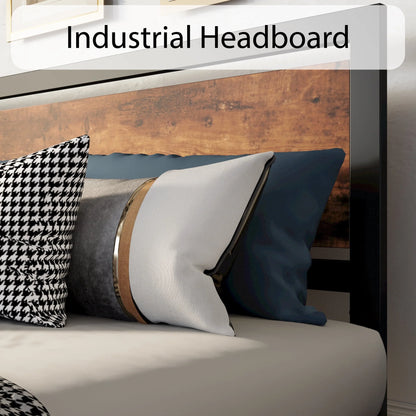 LIKIMIO Industrial Full Bed Frame with MDF Headboard, Strong Supports