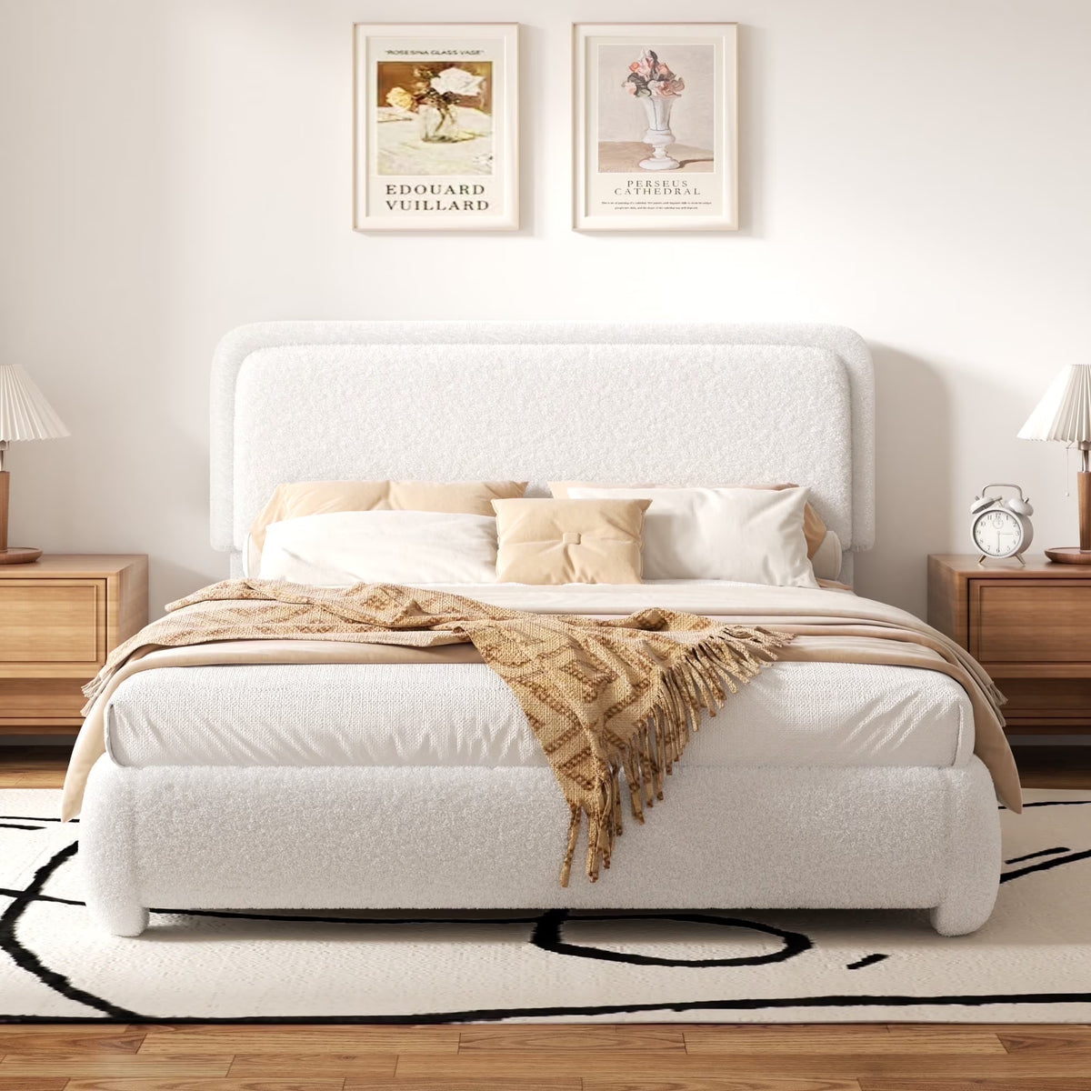 VIPLOV King Size Boucle Bed Frame, Cloud Upholstered Platform Bed with Height Adjustable Headboard & Soft Rounded Corners, No Noise Free, Easy Assembly,Beige