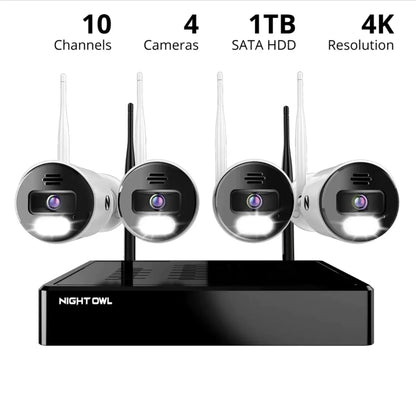 Night Owl 10 Channel 4K Bluetooth Wi-Fi NVR with 1TB Hard Drive and 4 Wi-Fi IP 4K Spotlight Cameras with 2-Way Audio and Audio Alerts and Sirens