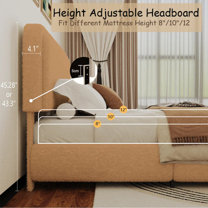 VIPLOV King Size Boucle Bed Frame, Cloud Upholstered Platform Bed with Height Adjustable Headboard & Soft Rounded Corners, No Noise Free, Easy Assembly,Beige