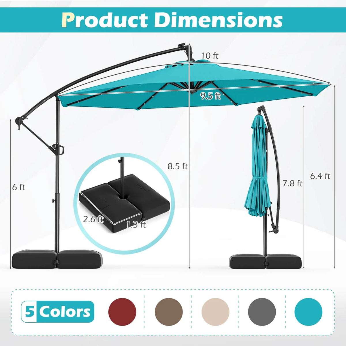 Costway 10 FT Solar Offset Hanging Umbrella Patio Cantilever Umbrella with 32 LED Lights Brown