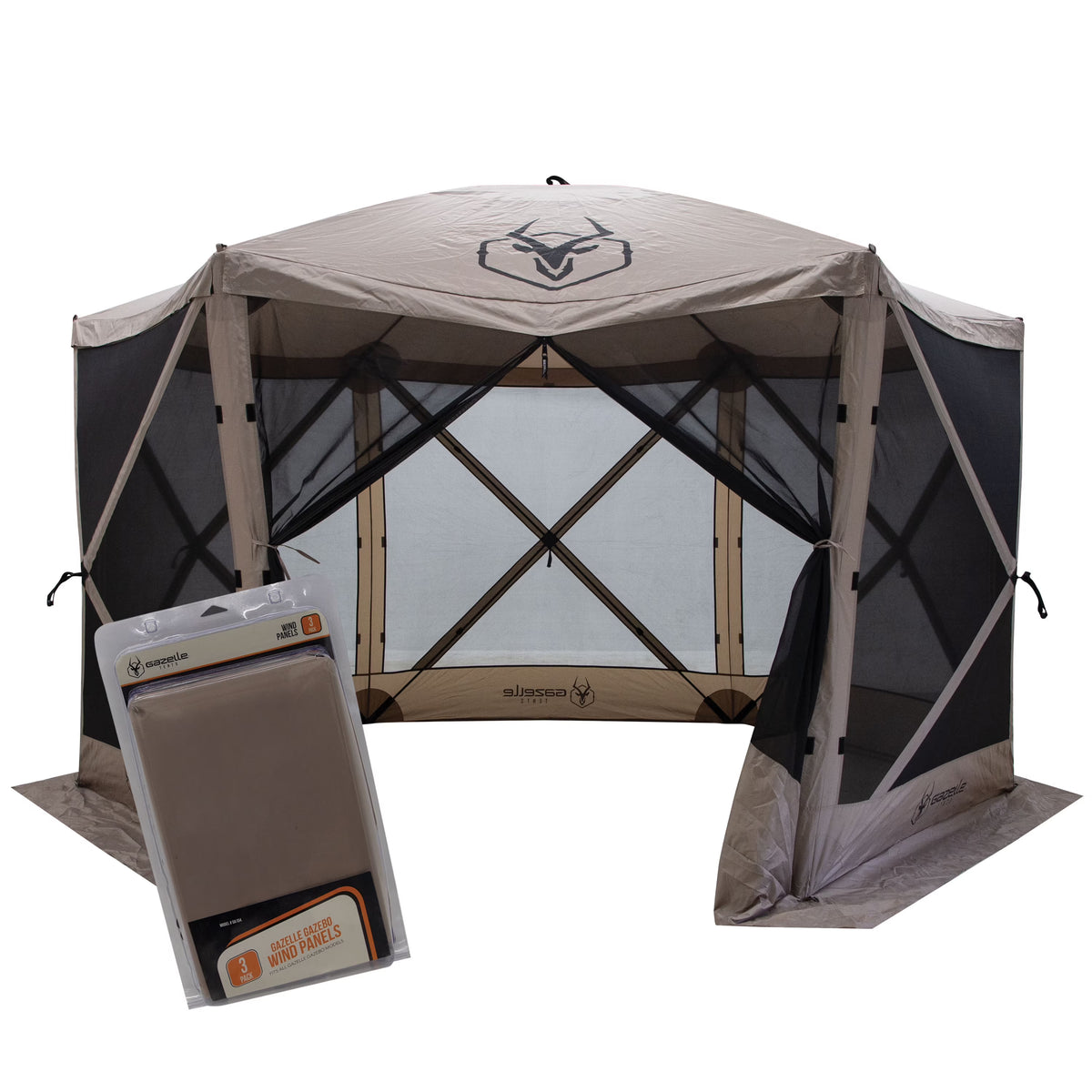Gazelle Tents?,G6 6-Sided Portable Gazebo with TriTech Mesh, Easy Pop-Up Hub Screen Tent, Waterproof, UV Resistant, 8-Person & Table, Desert Sand, 86" x 124" x 124", GK914, Includes 3 Wind Panels