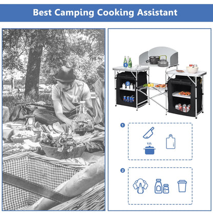 Goplus Folding Portable Aluminum Camping Grill Table w/ Storage Organizer Windscreen Black