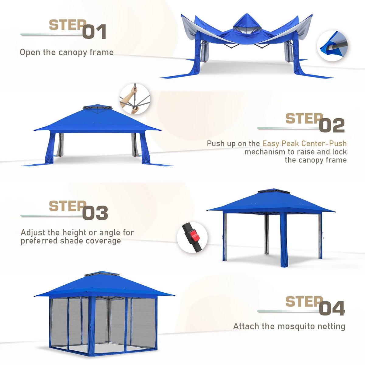 EAGLE PEAK 13' x 13' Pop-Up Gazebo Tent Instant w/Mosquito Netting，Outdoor Gazebo Canopy Easy Set-up Folding Shelter (Beige/Brown)
