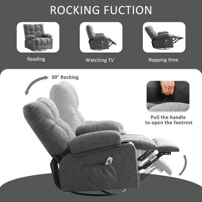 JONPONY Manual Recliner Chair with Heat Therapy and Massage Function, Heavy Duty Reclining Mechanism Massage Chair, Elderly Single Rocker Sofa with Cup Holders for Bedroom Home Theater,Grey