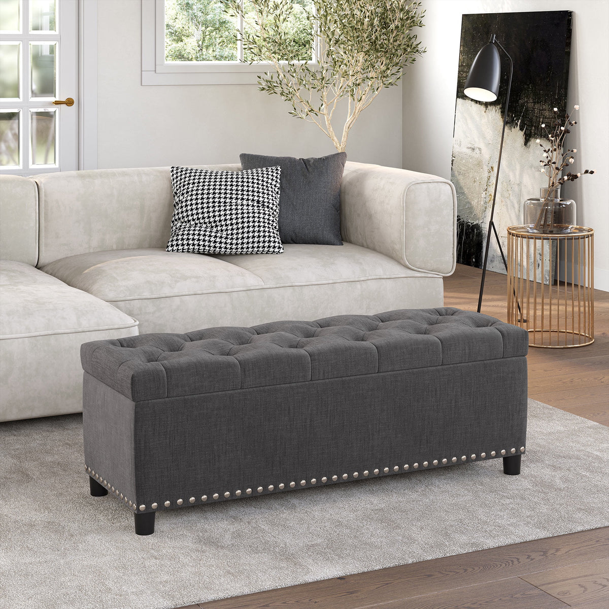 BELLEZE Button-Tufted Faux Leather Storage Ottoman Bench - Brentwood (Dark Brown)