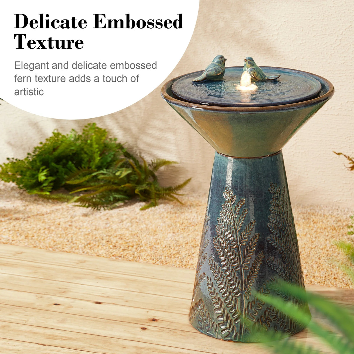 Glitzhome 27.5" Fountain with Pump and LED Light Embossed Pedestal Ceramic Bird Bath, Turquoise