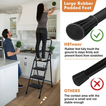 HBTower 4 Step Ladder with Handrails and Tool Bag, Folding Step Stool with Attachable  Anti-Slip Wide Pedal, Black