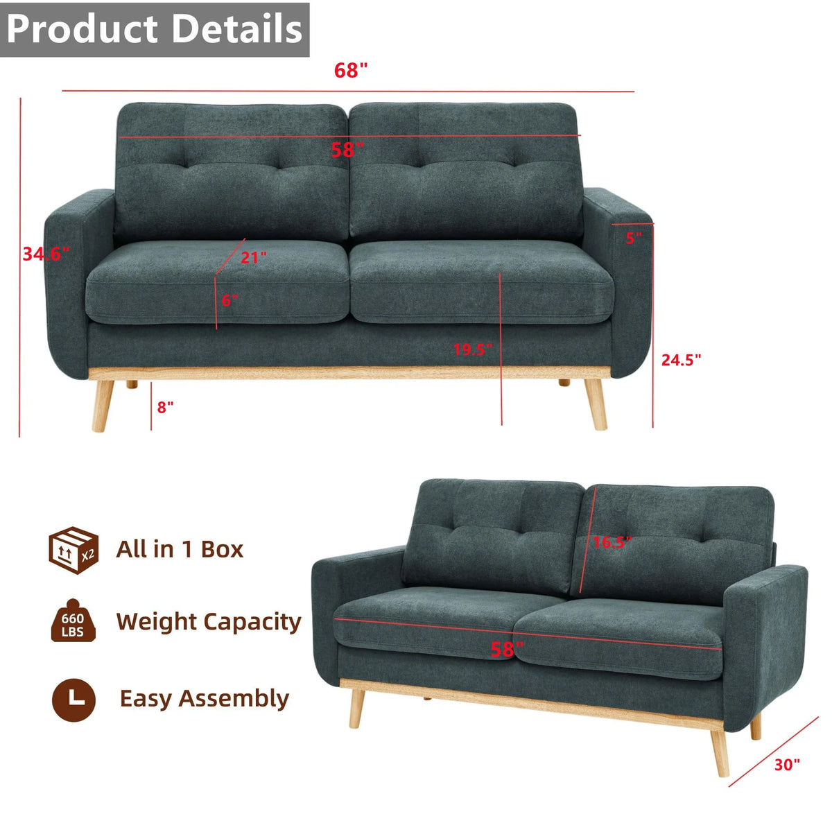 Aukfa 68" Small Sofa Couch Comfy Mid Century Modern Loveseat Sofa for Living Room Bedroom, Cream