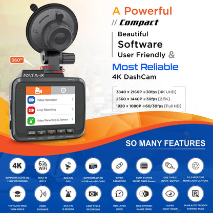 ROVE R2-4K Dash Cam Built-in WiFi 6 GPS Car Dashboard Camera Recorder with UHD 2160P, 2.4" IPS Screen, 150 Wide Angle, WDR, Night Vision