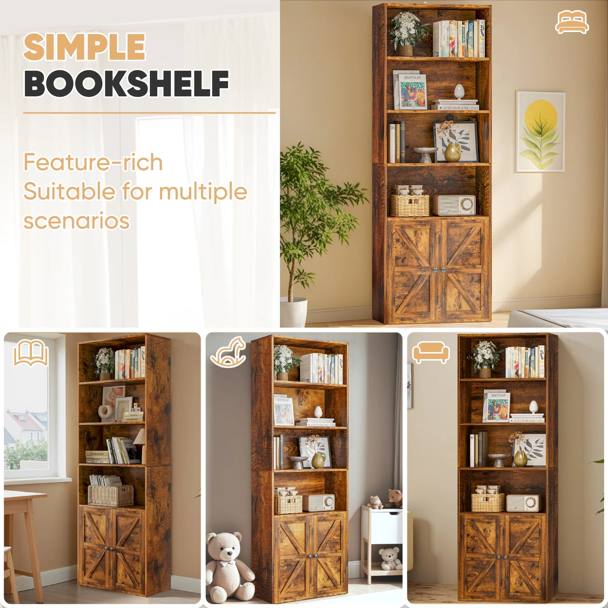 Furmax 1 Piece 4-Shelf Farmhouse Bookcases 4-Tier Bookshelf with Adjustable Shelves&Doors,Storage Cabinet for Home Living room,Kitchen,Office,White