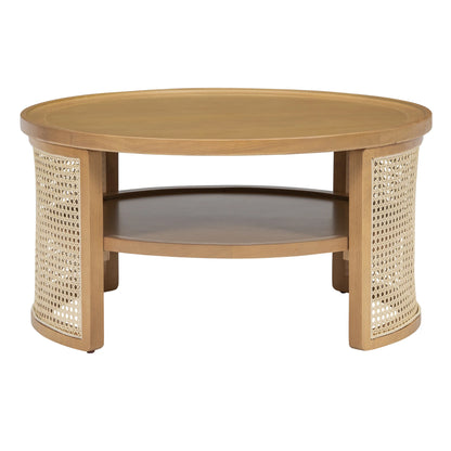 Harper & Bright Designs Rattan Round Coffee Table with Storage Shelf, Round Cane Wood Center Table for Living Room, 37'' Brown