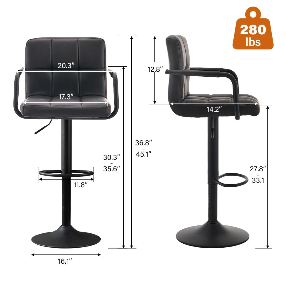 JONPONY Bar Stools Set of 2, Back and Armrest,Vintage Leather Modern Bar Chairs for Home and Kitchen Counter,Black,Low Back