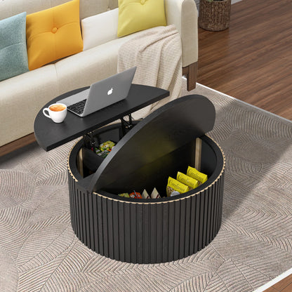 Oubayajia Round Coffee Table with Storage, Wood Lift Top Coffee Table, Waveform Panel, Natural