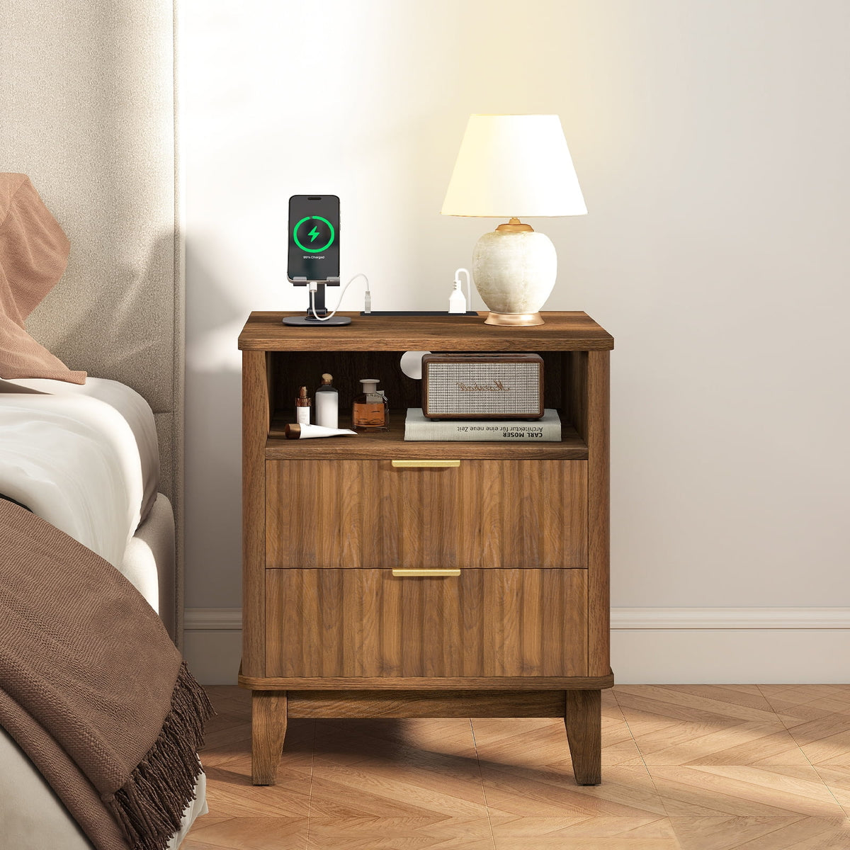 Night Stand with Charger Station, Fluted Nightstand with 2 Drawers and Storage Shelf, Mid Century Modern End Table for Bedroom Living Room,Natural