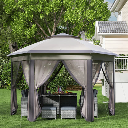 Outsunny 13' x 13' Pop Up Gazebo Hexagonal Canopy with 6 Zippered Mesh Netting, 2-Tier Roof Event Tent with Steel Frame for Patio Backyard, Gray