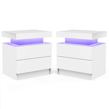 LED Nightstand Set of 2, Modern Bedside Table with 2 Drawers Storage Space, Adjustable Colors LED Light, Black
