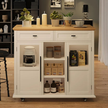 WALYWIK Foldable Kitchen Island Cart with Wheels, 2 Glass Doors, Spice Rack & Towel Holder Compact Mobile Storage Cart for Small Kitchens, Dining Rooms, Camping & RVs - Grey
