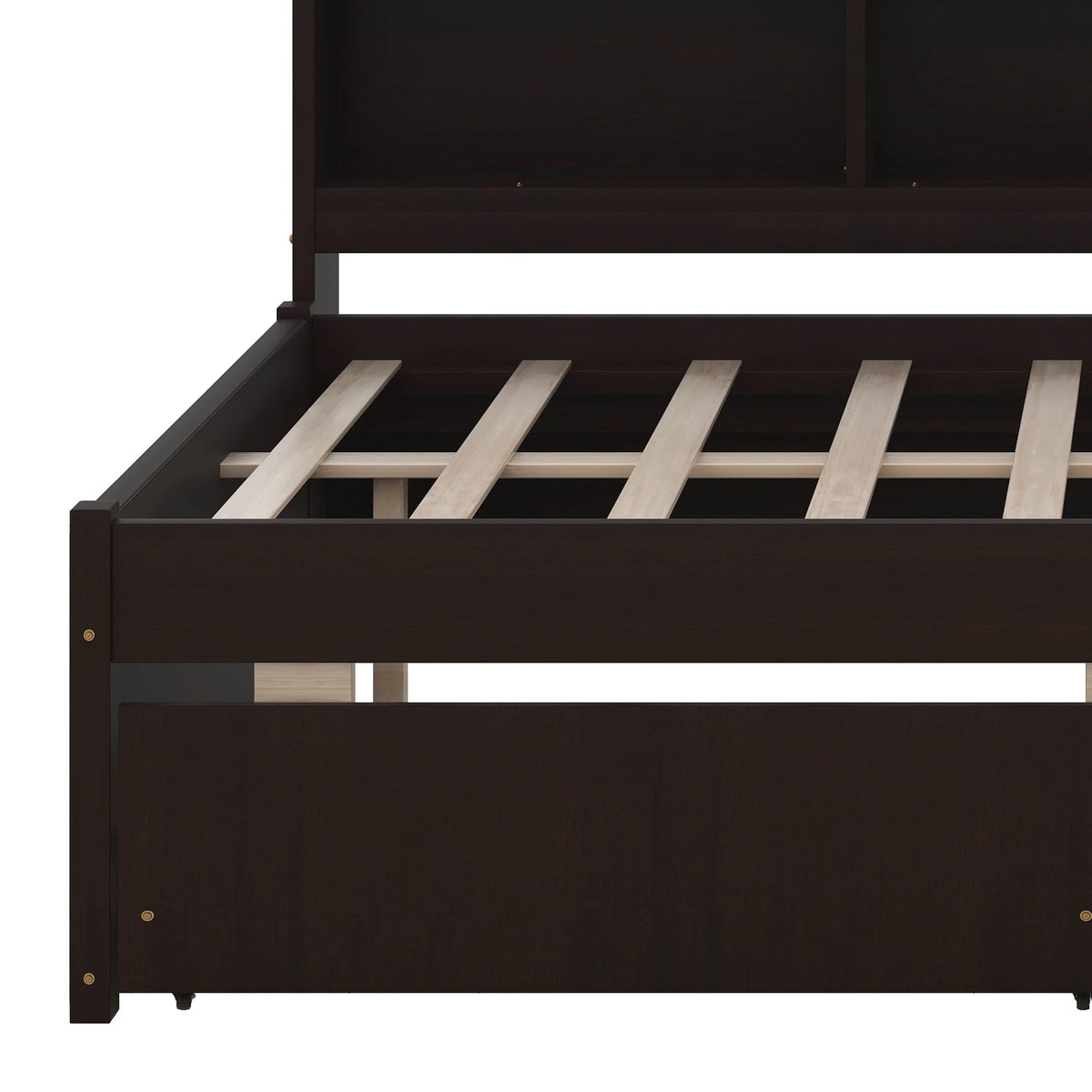 BEBPILOO Twin Size L-Shaped Bookcase Bed with Electrical Outlet, USB Charging Port, Two Drawers, Gray