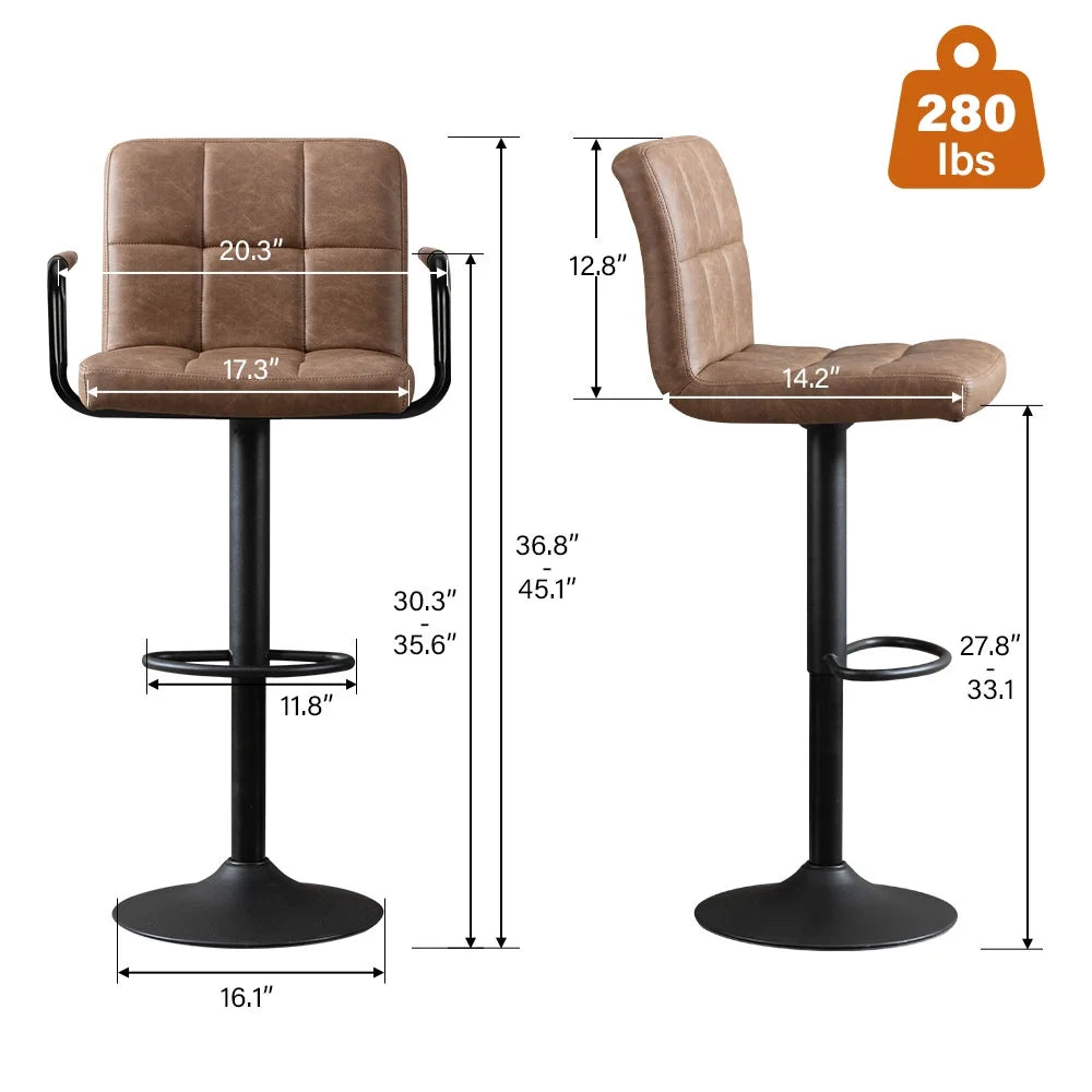 JONPONY Bar Stools Set of 2, Back and Armrest,Vintage Leather Modern Bar Chairs for Home and Kitchen Counter,Black,Low Back
