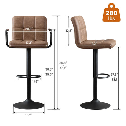 JONPONY Bar Stools Set of 2, Back and Armrest,Vintage Leather Modern Bar Chairs for Home and Kitchen Counter,Black,Low Back