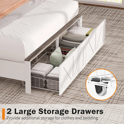 Full Size Bed Frame with Headboard, Full Bed Frame with Charging Station, LED Beds with 2 Storage Drawers,  Wood Farmhouse Bedframe, White