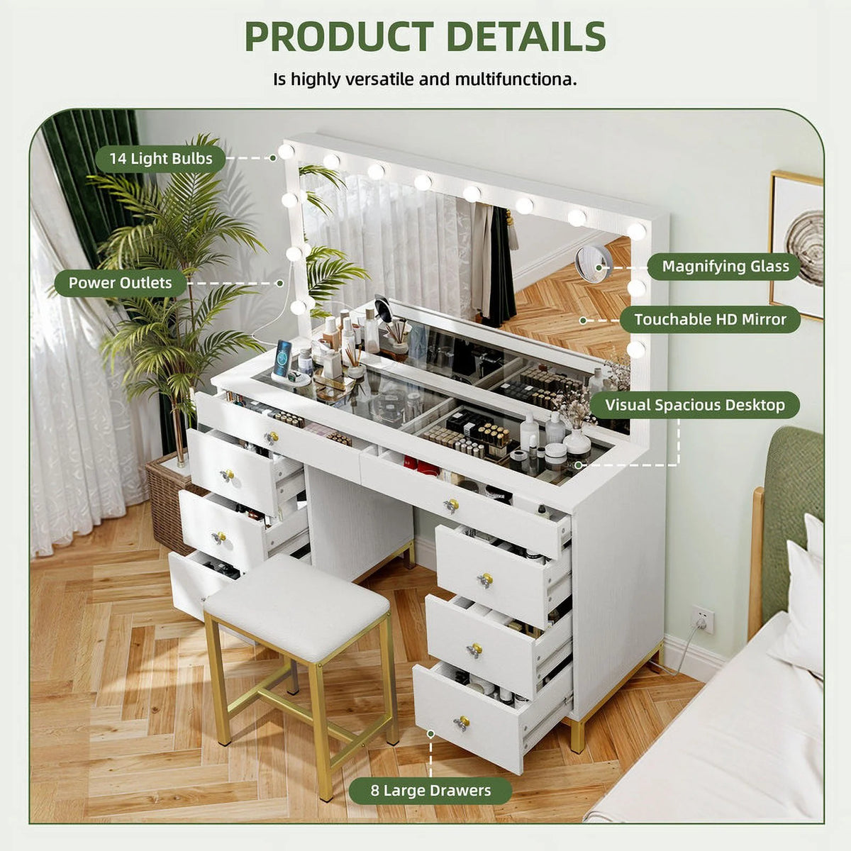 Uforic 55" Vanity Desk with Lighted Mirror & Power Outlet & 8 Drawers, Modern Makeup Vanity Table Set with Storage Stool, White