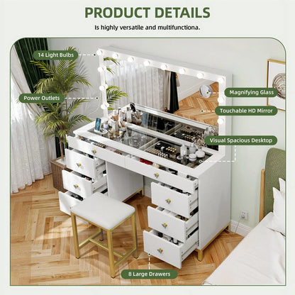 Uforic 55" Vanity Desk with Lighted Mirror & Power Outlet & 8 Drawers, Modern Makeup Vanity Table Set with Storage Stool, White