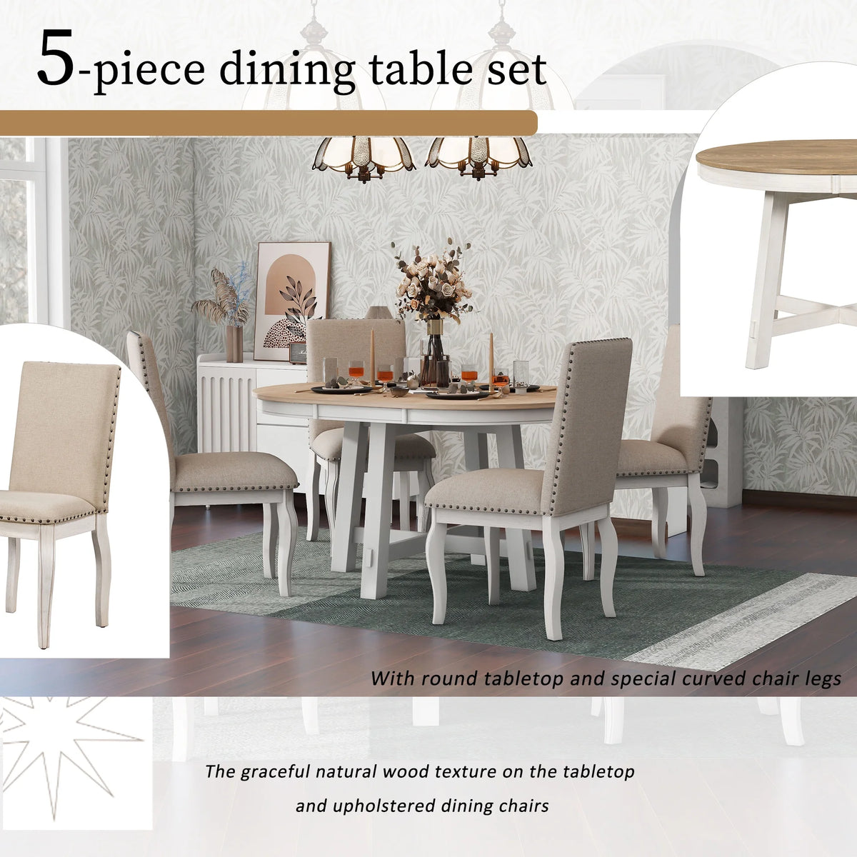 Bellemave 5-Piece Round Dining Table Set, Wood Farmhouse Extendable Dining Table and 4 Upholstered Dining Chairs, Kitchen Dining Table Set for 4 Antique White