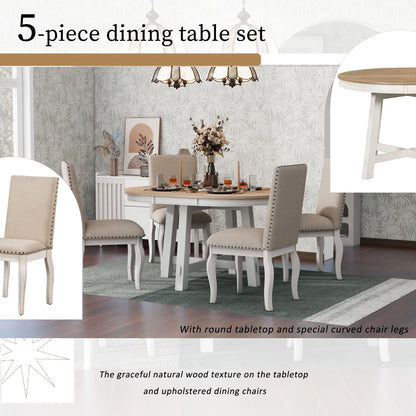 Bellemave 5-Piece Round Dining Table Set, Wood Farmhouse Extendable Dining Table and 4 Upholstered Dining Chairs, Kitchen Dining Table Set for 4 Antique White