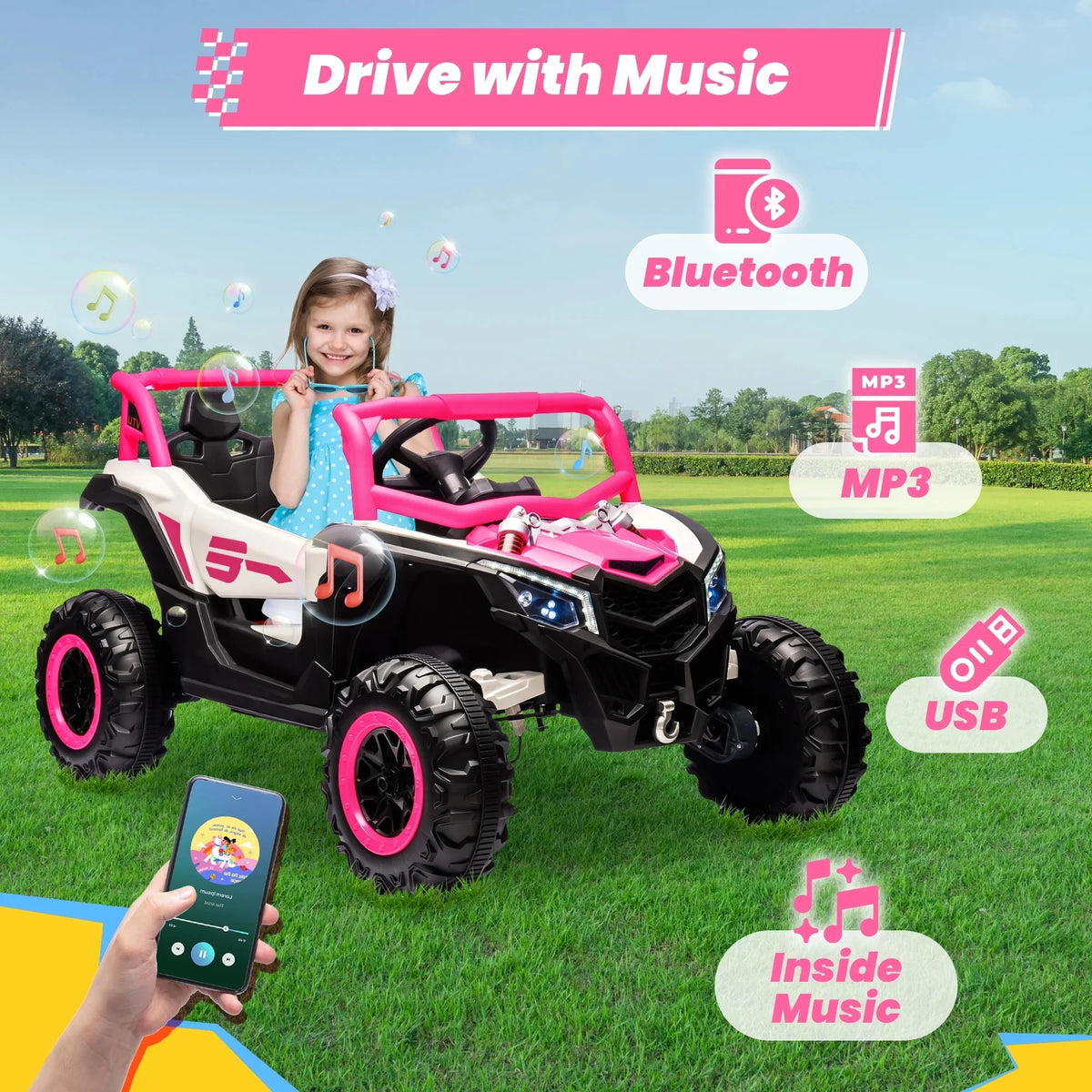 Joyracer 4WD 24 Volt Ride on Toys, 2 Seater Power Car wheels UTV with 800W Motors, Remote Control, Bluetooth Music, Spring Suspension, LED Light, Pink