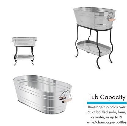 Steel Galvanized Beverage Tub with Stand and Drip Pan Tray - Oval shape (Large Size) by MG Decor - Madhu Collection