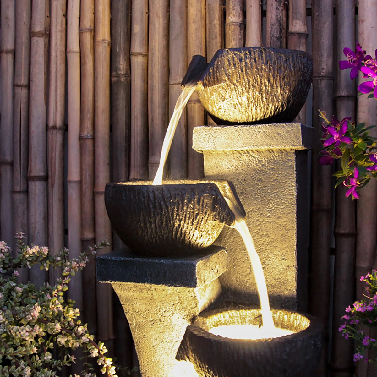 37.4 H Outdoor Water Fountain with 4 Crocks, Modern LED Lighted Garden Floor Fountain for Patios and Yards Durable Resin Water Feature with Cascading Waterfall Design for Indoor/Outdoor Dcor