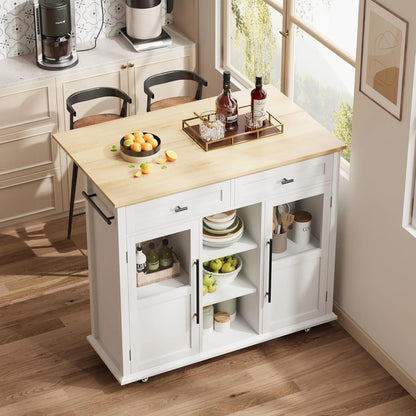 WALYWIK Foldable Kitchen Island Cart with Wheels, 2 Glass Doors, Spice Rack & Towel Holder Compact Mobile Storage Cart for Small Kitchens, Dining Rooms, Camping & RVs - Grey