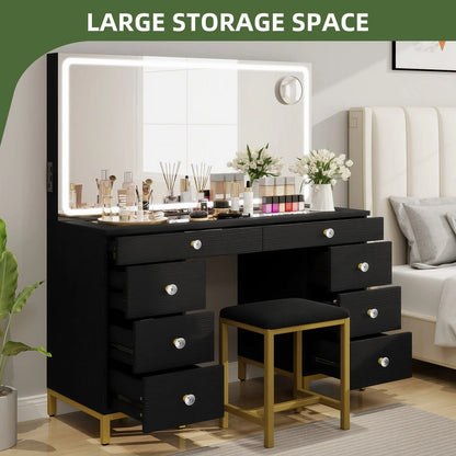 Uforic 55" Vanity Desk with Lighted Mirror & Power Outlet & 8 Drawers, Modern Makeup Vanity Table Set with Storage Stool, White