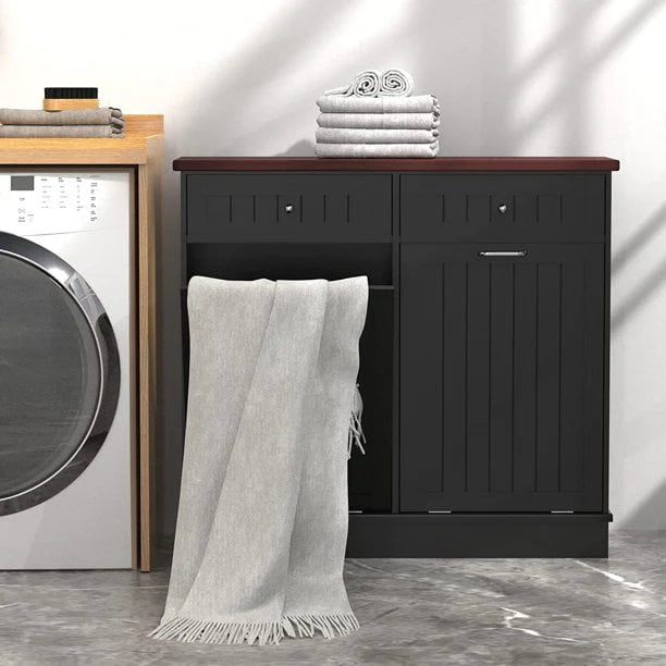 Tolead Double Tilt Out Trash Cabinet 10 Gallon Wooden Free Standing Laundry Sorter Cabinet,Recycling Cabinet with Hideaway Drawer,Tilt Out Trash Cabinet Can Bin Kitchen,Black
