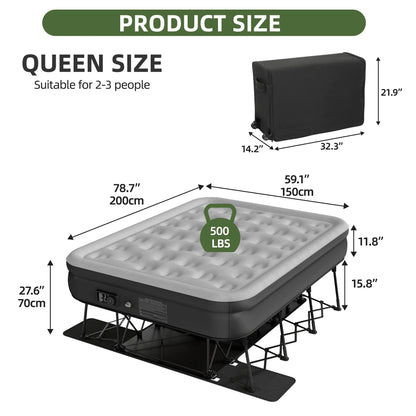 Uforic Inflatable Queen Air Mattress with Built-in Pump, Frame, Velvet Surface & Portable Storage Case, Khaki