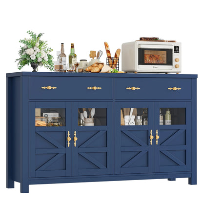 Homfa Farmhouse 55.1"WKitchen Buffet Cabinet with Storage Drawer & Adjustable Shelf, Glass Door Wood Sideboard Credenza Coffee Bar with for Dining Room Living Room, White & Black