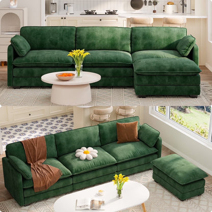 Lofka 110 Modular Sectional Sofa Bed with Double Layer Cushions and Movable Ottoman, Modern Comfy Cloud Couch for Living Room, DIY Combination, Green