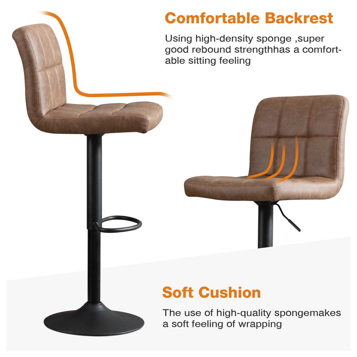 JONPONY Bar Stools Set of 2, Back and Armrest,Vintage Leather Modern Bar Chairs for Home and Kitchen Counter,Black,Low Back