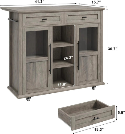 WALYWIK Foldable Kitchen Island Cart with Wheels, 2 Glass Doors, Spice Rack & Towel Holder Compact Mobile Storage Cart for Small Kitchens, Dining Rooms, Camping & RVs - Grey