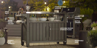 Unity XL Portable Outdoor Table and Storage Cabinet with Accessory Hooks, Espresso Brown