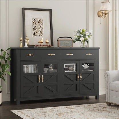Homfa Farmhouse 55.1"WKitchen Buffet Cabinet with Storage Drawer & Adjustable Shelf, Glass Door Wood Sideboard Credenza Coffee Bar with for Dining Room Living Room, White & Black