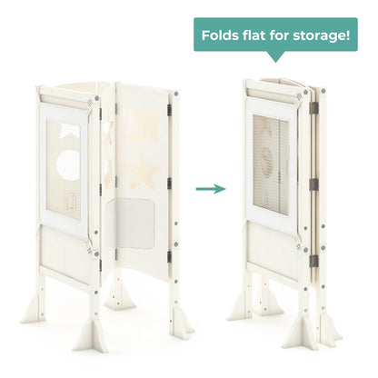 Guidecraft Classic Kitchen Helper Kids' Step Stool - Natural: Foldable and Adjustable Wooden Toddler Tower for Learning with Keeper